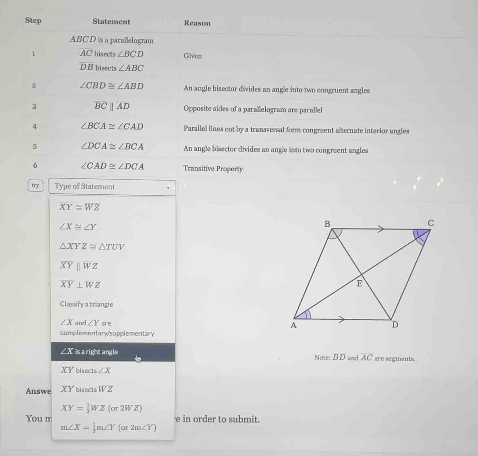 step 1: statement - abcd is a parallelogram, $overline{ac}$ bisects $an…