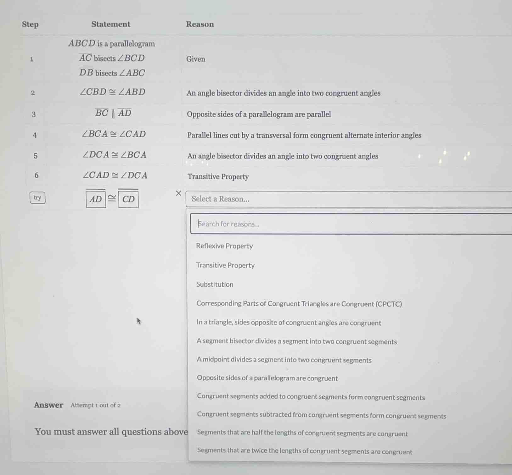 step statement reason 1 abcd is a parallelogram \\(\\overline{ac}\\) bi…