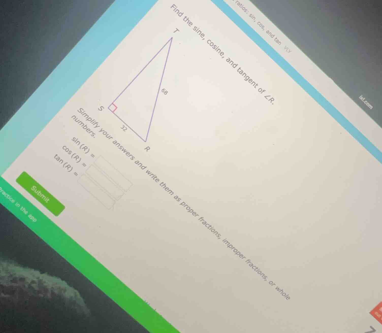 find the sine, cosine, and tangent of ∠r. simplify your answers and wri…