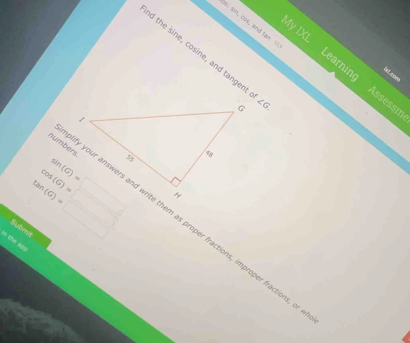 find the sine, cosine, and tangent of ∠g. simplify your answers and wri…