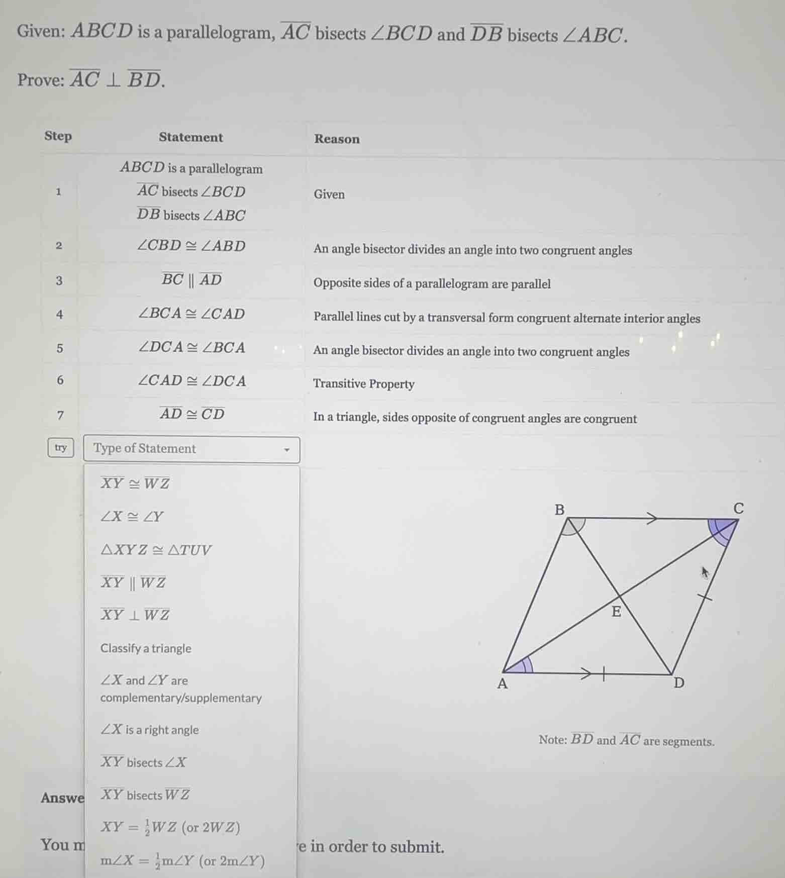 given: abcd is a parallelogram, \\(\\overline{ac}\\) bisects \\(\\angle…