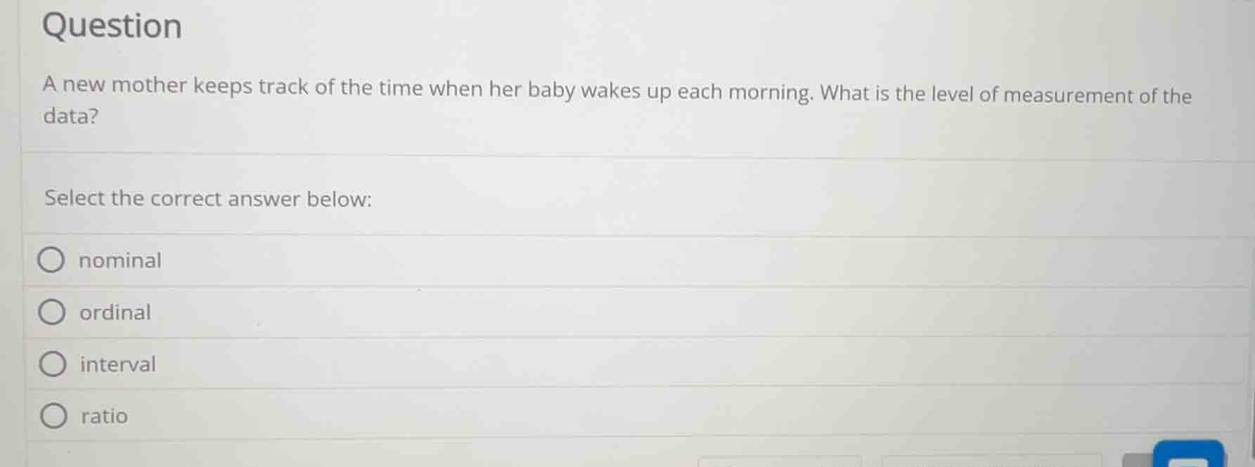 question a new mother keeps track of the time when her baby wakes up ea…
