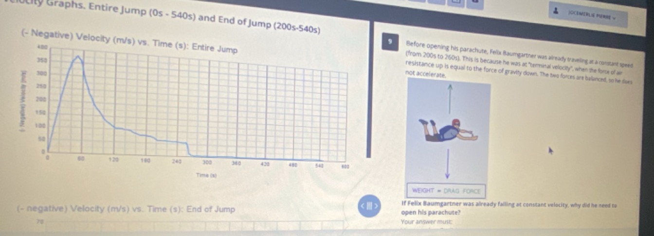 velocity graphs. entire jump (0s - 540s) and end of jump (200s-540s) (-…
