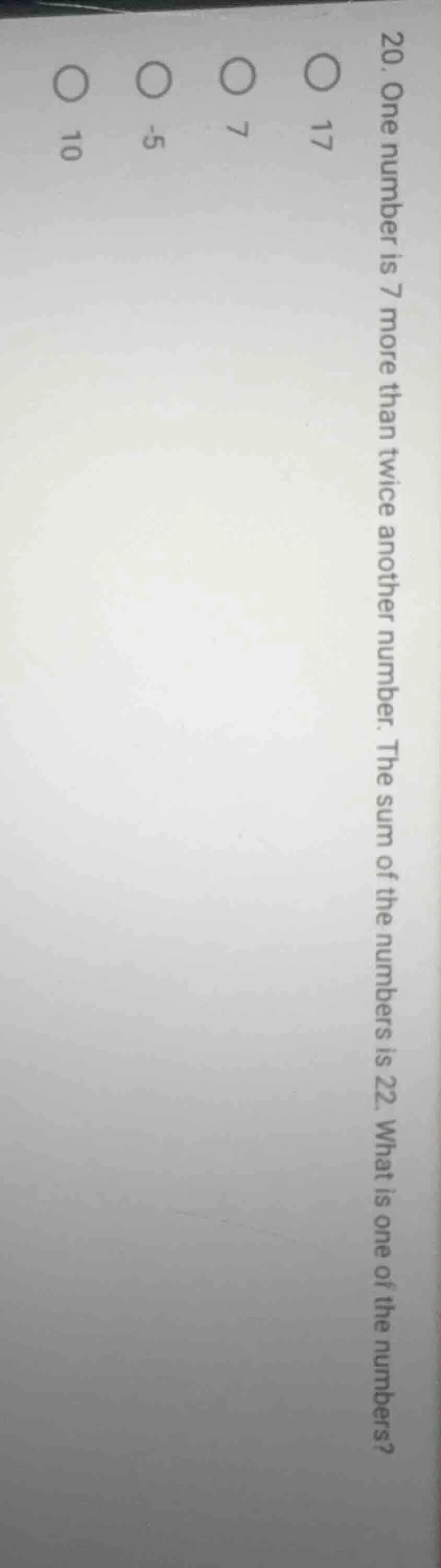 20. one number is 7 more than twice another number. the sum of the numb…