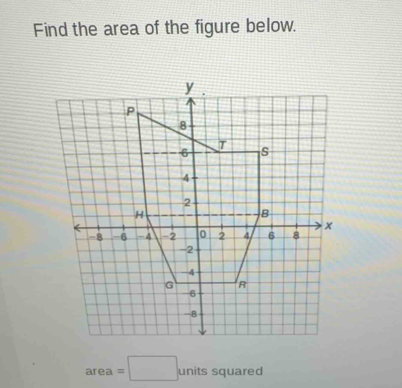 find the area of the figure below. (there is a coordinate grid with a f…