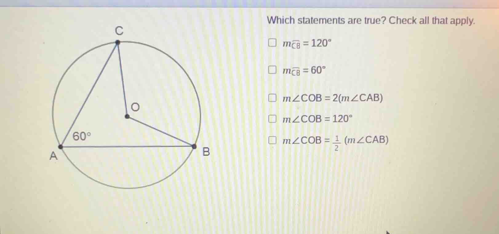 which statements are true? check all that apply. \\( m\\overarc{cb} = 1…