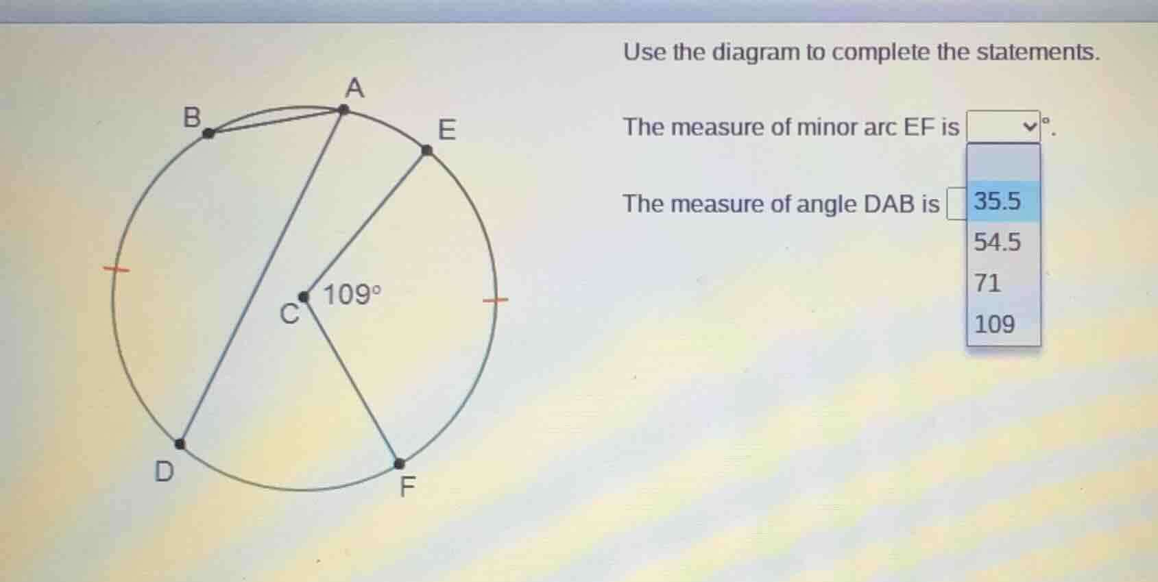 use the diagram to complete the statements. the measure of minor arc ef…