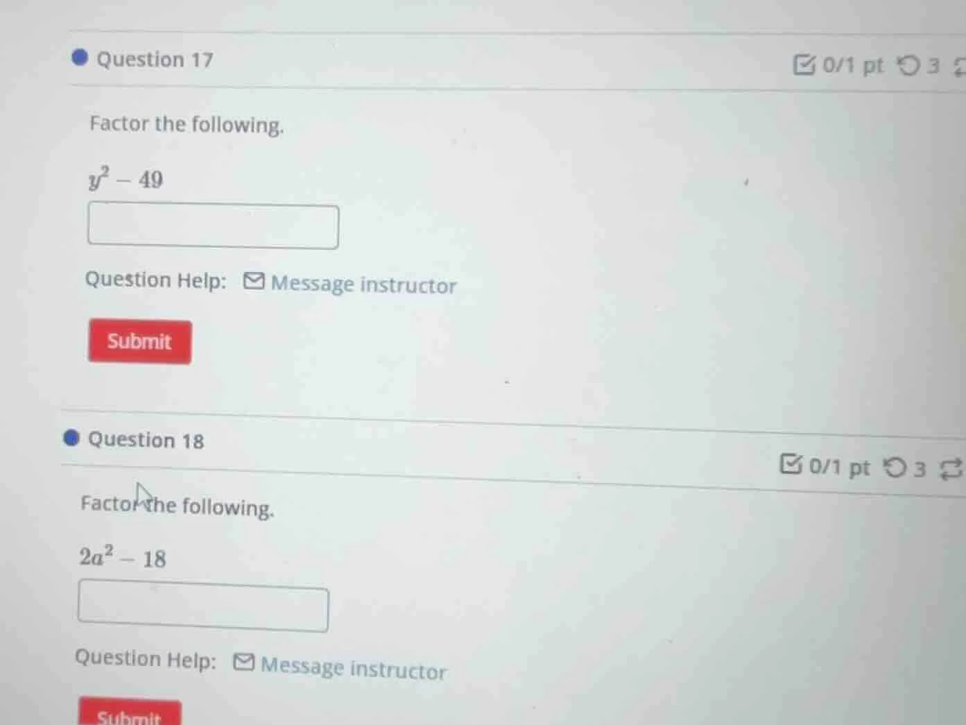 question 17 factor the following. $y^2 - 49$ question help: message ins…