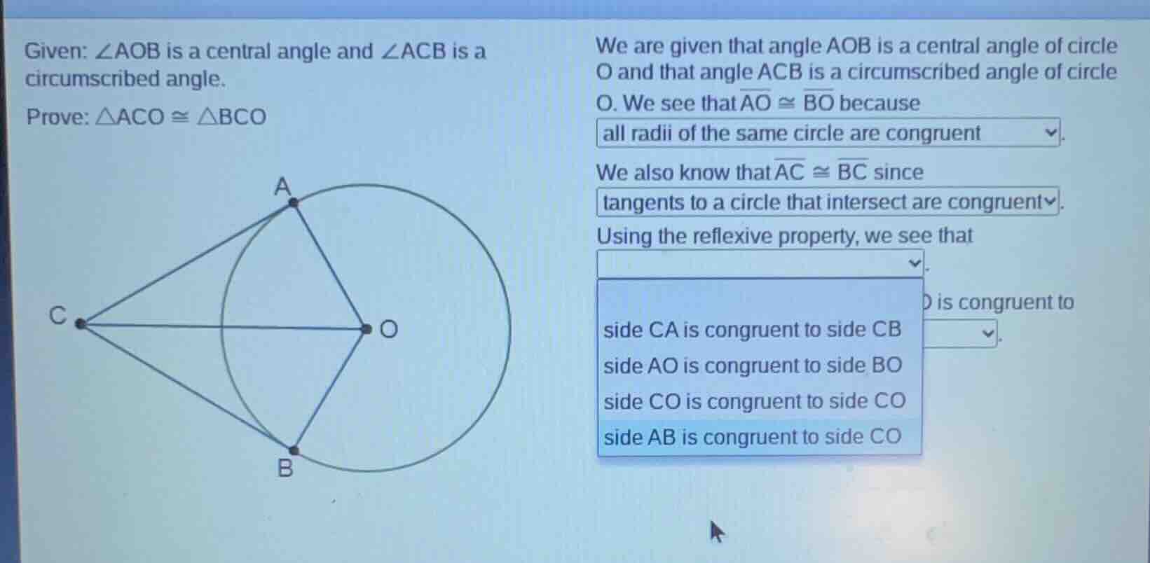 given: ∠aob is a central angle and ∠acb is a circumscribed angle. prove…