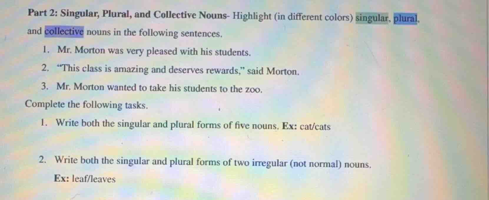 part 2: singular, plural, and collective nouns- highlight (in different…