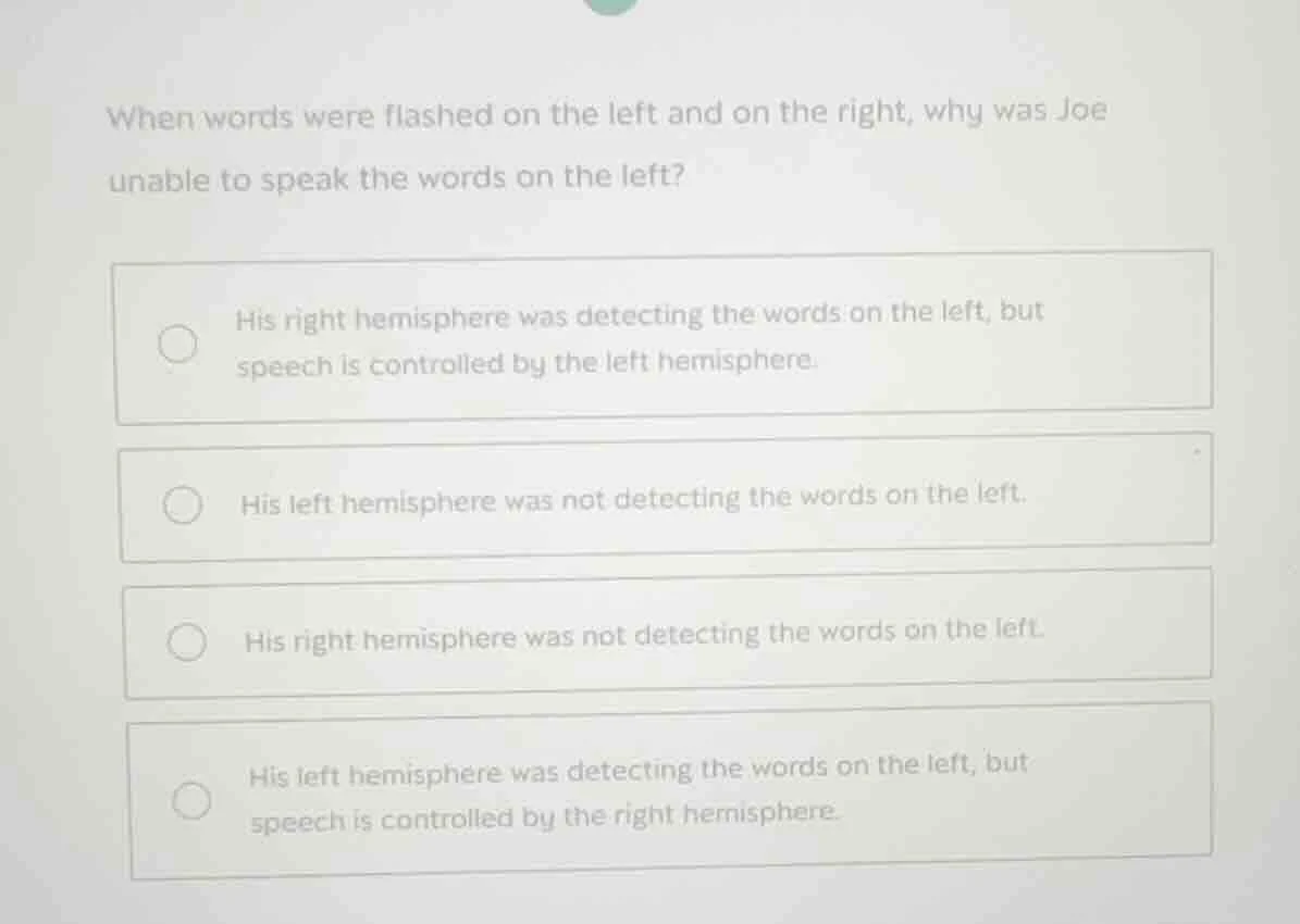 when words were flashed on the left and on the right, why was joe unabl…