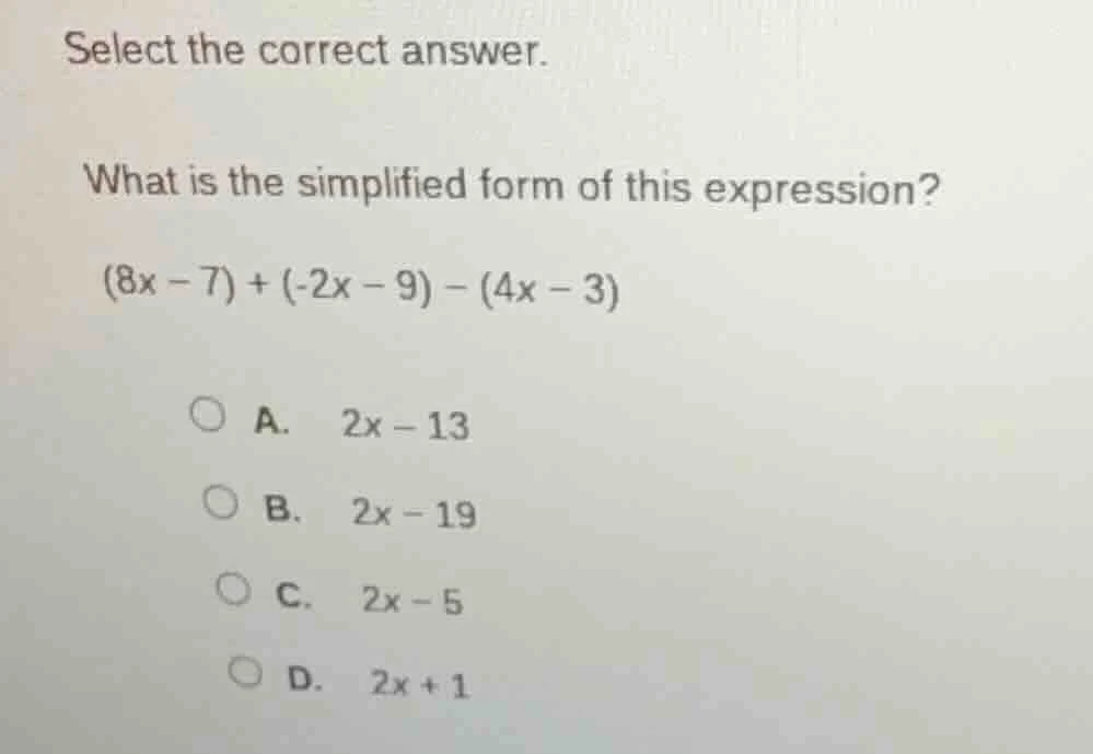 select the correct answer. what is the simplified form of this expressi…