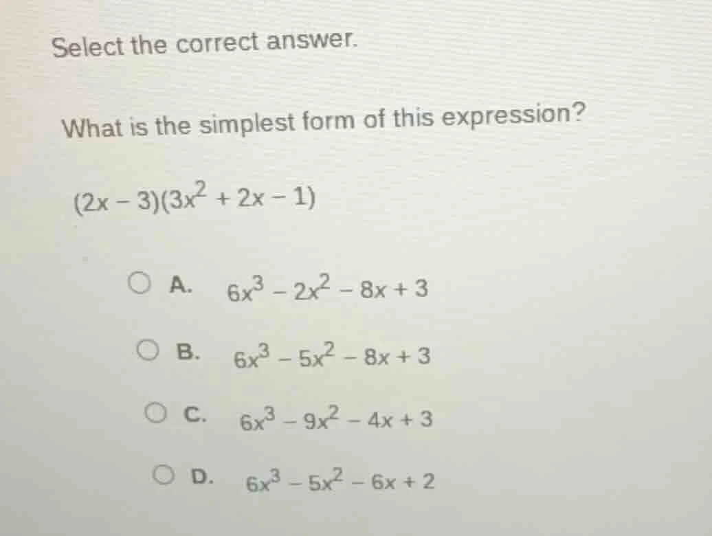 select the correct answer. what is the simplest form of this expression…