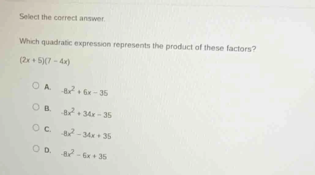 select the correct answer. which quadratic expression represents the pr…
