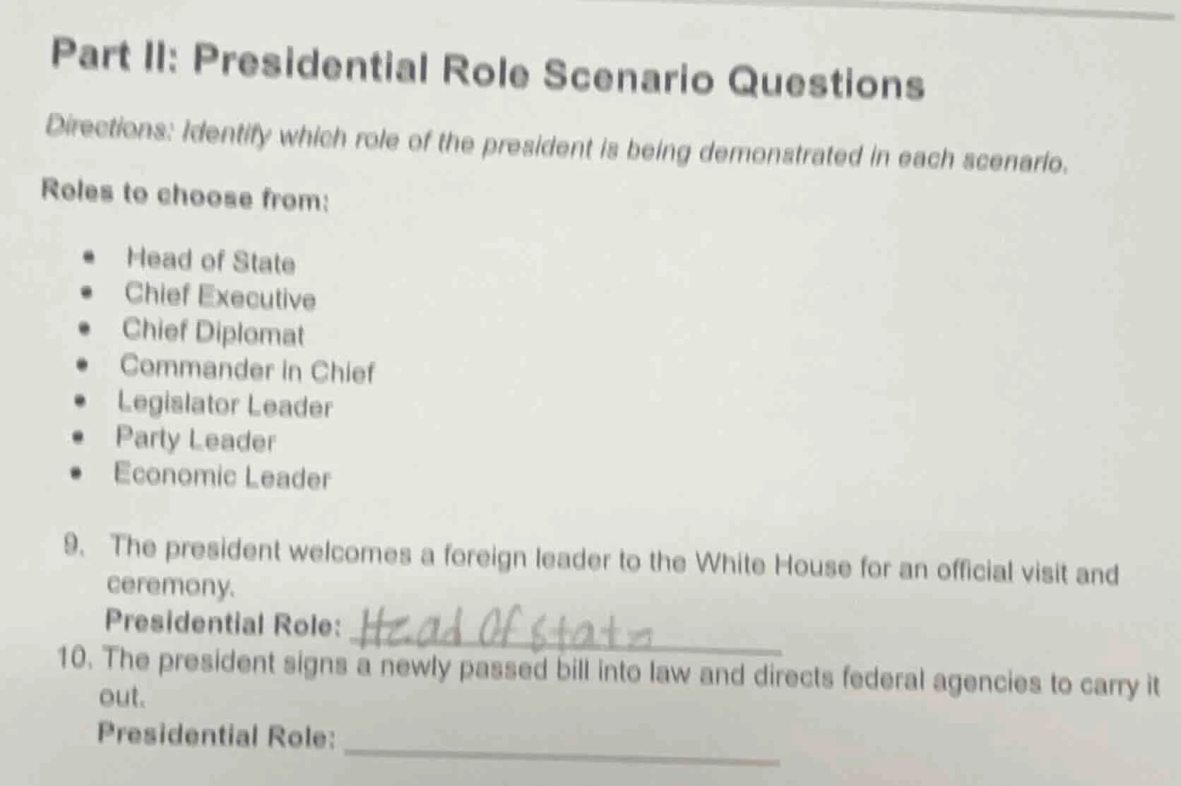 part ii: presidential role scenario questions directions: identify whic…