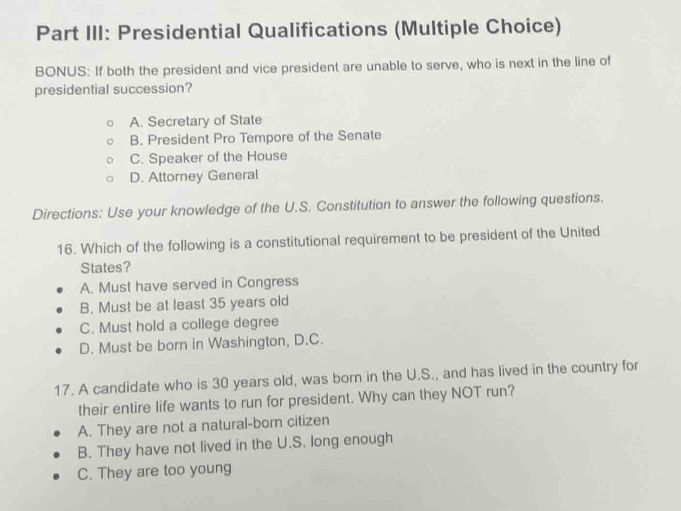 part iii: presidential qualifications (multiple choice) bonus: if both …