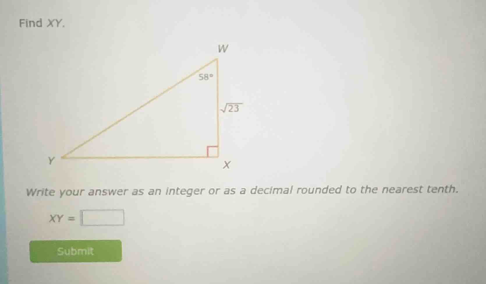 find xy. triangle with right angle at x, angle at w is 58 degrees, side…