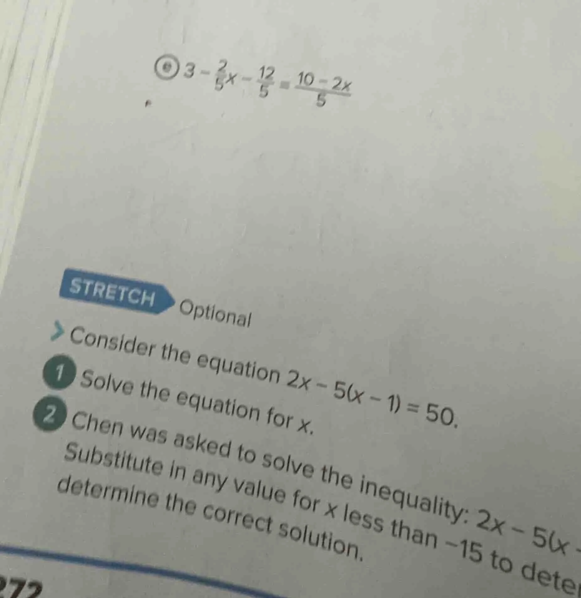 3 - \\frac{2}{5}x - \\frac{12}{5} = \\frac{10 - 2x}{5} stretch optional…