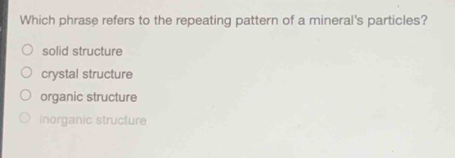 which phrase refers to the repeating pattern of a mineral’s particles? …