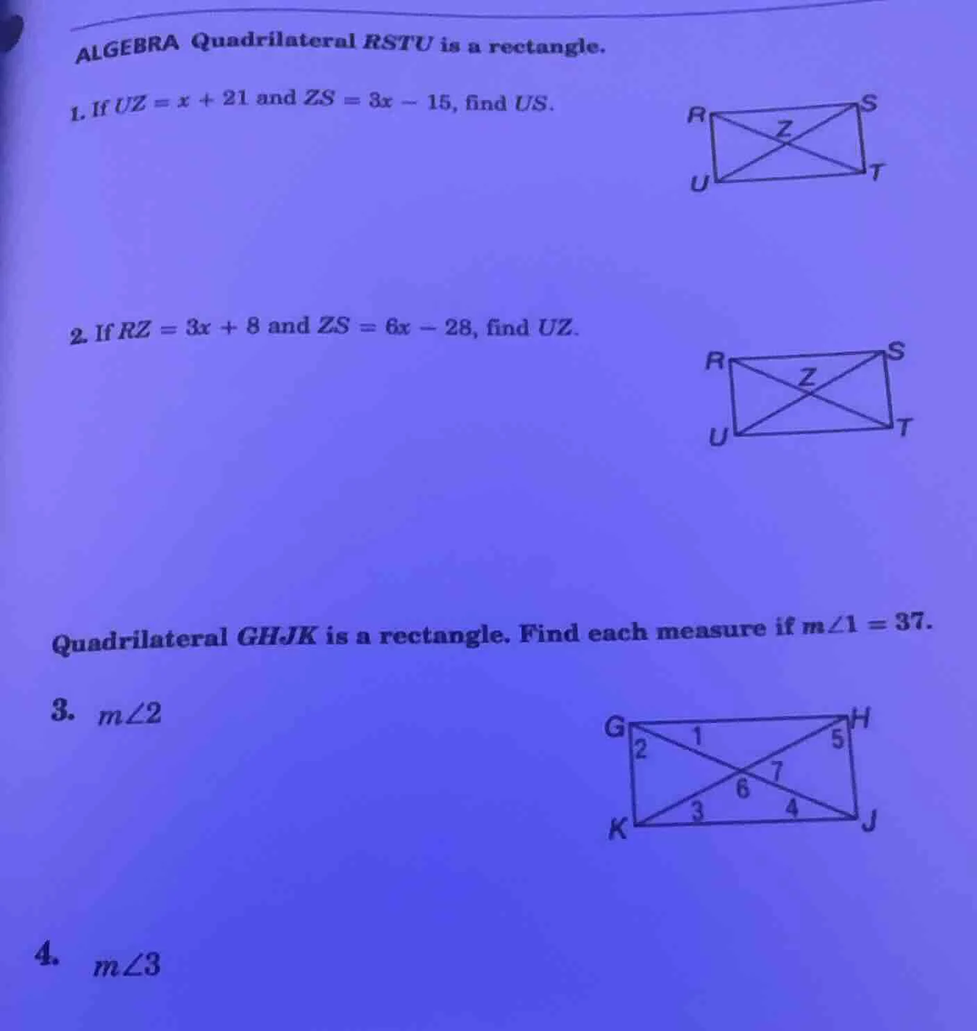 algebra quadrilateral rstu is a rectangle. 1. if uz = x + 21 and zs = 3…