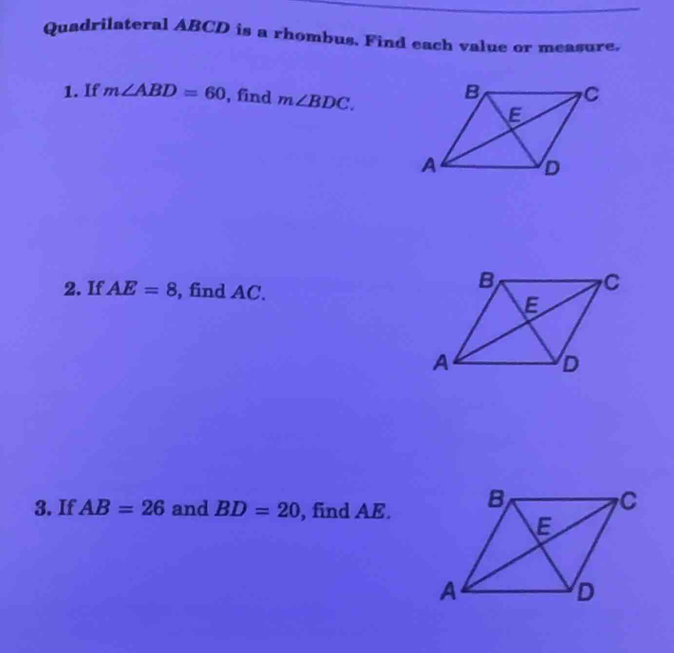 quadrilateral abcd is a rhombus. find each value or measure. 1. if ( ma…