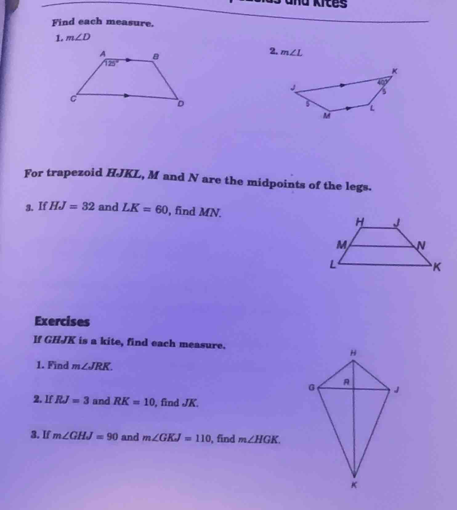 find each measure. 1. ( mangle d ) 2. ( mangle l ) for trapezoid ( hjkl…