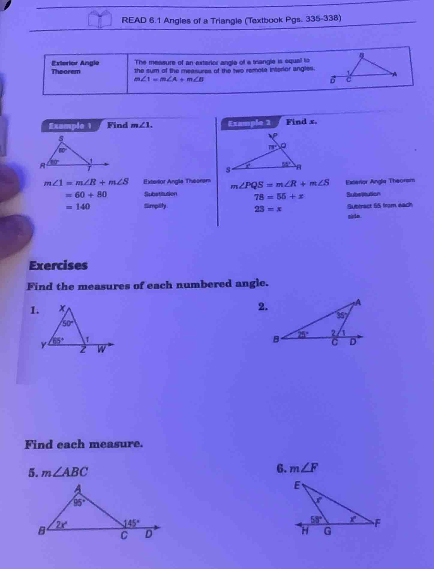 read 6.1 angles of a triangle (textbook pgs. 335-338) exterior angle th…