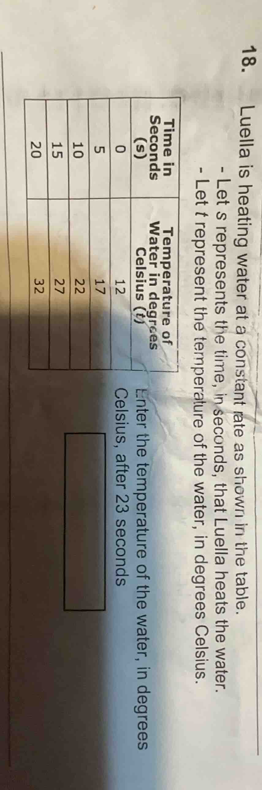 18. luella is heating water at a constant rate as shown in the table. -…