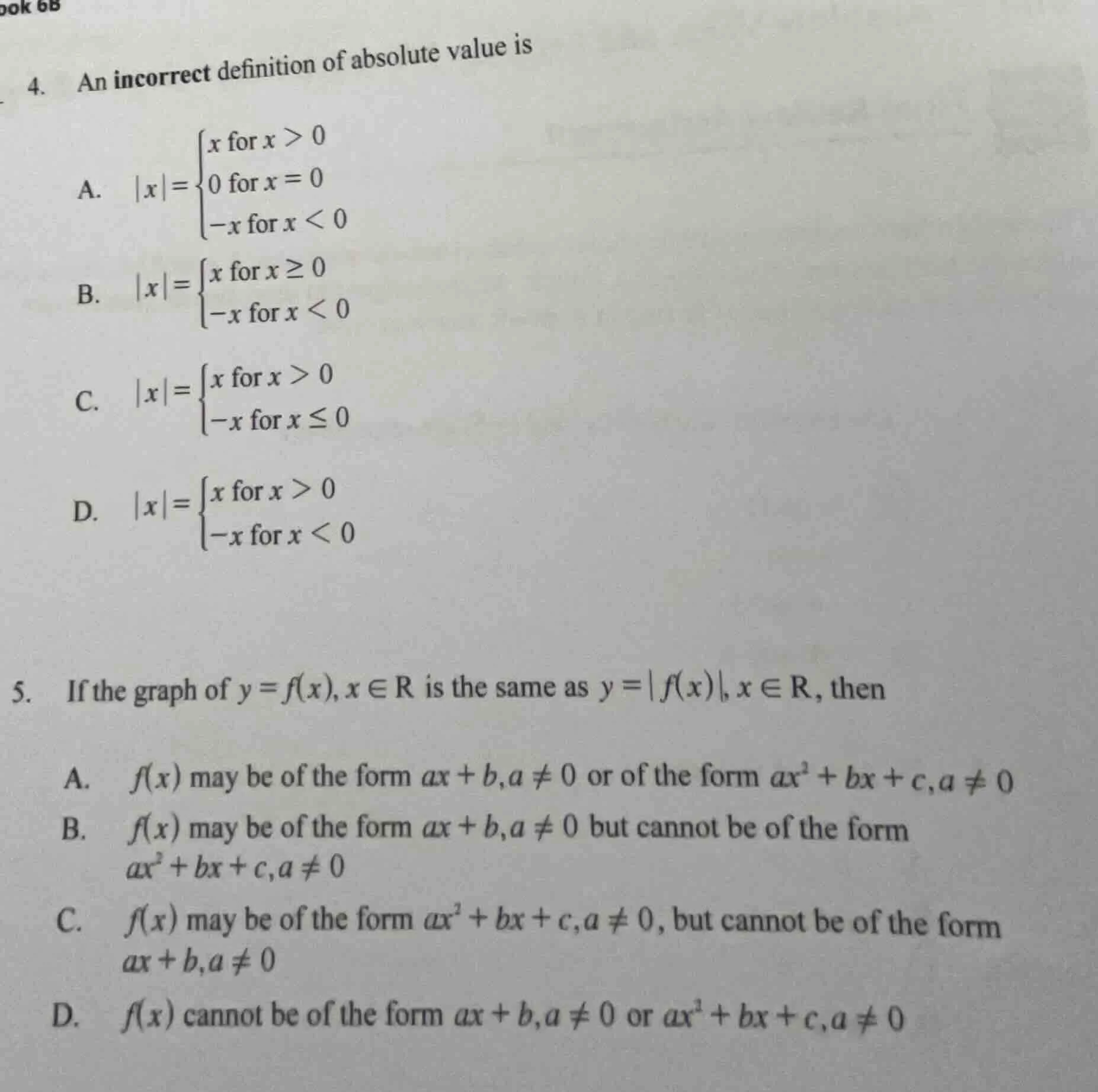 4. an incorrect definition of absolute value is a. $|x|=\\begin{cases}x…