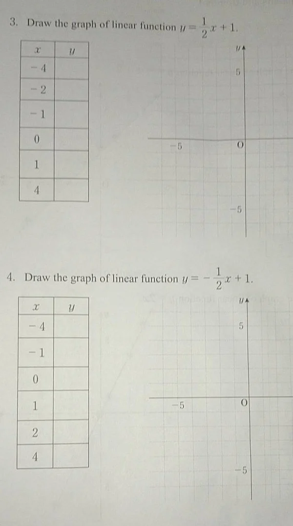 3. draw the graph of linear function $y = \\frac{1}{2}x + 1$. | $x$ | $…