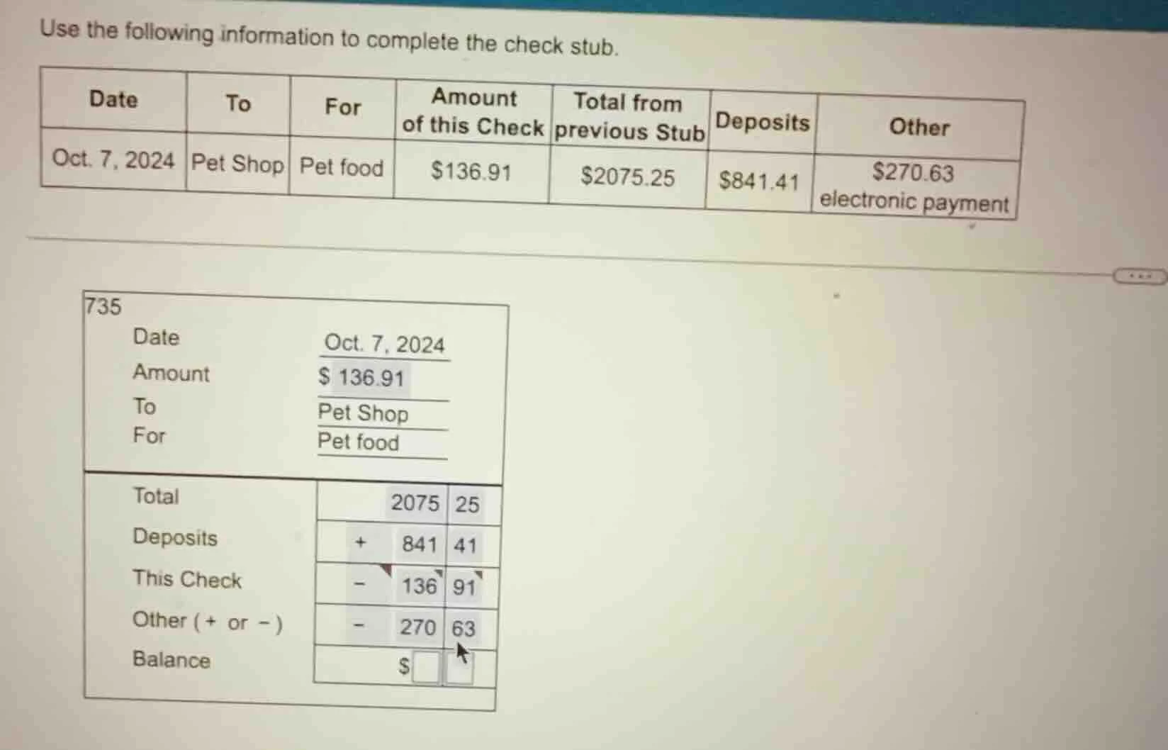 use the following information to complete the check stub. | date | to |…