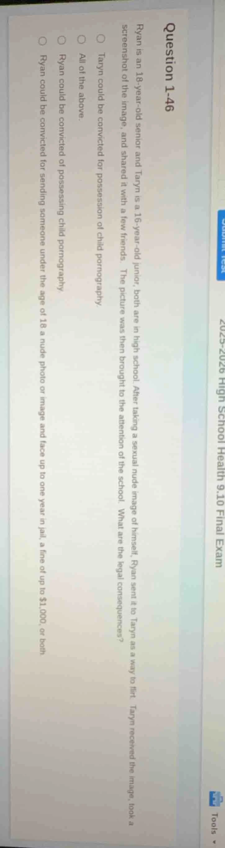 question 1-46 ryan is an 18-year-old senior and taryn is a 16-year-old …