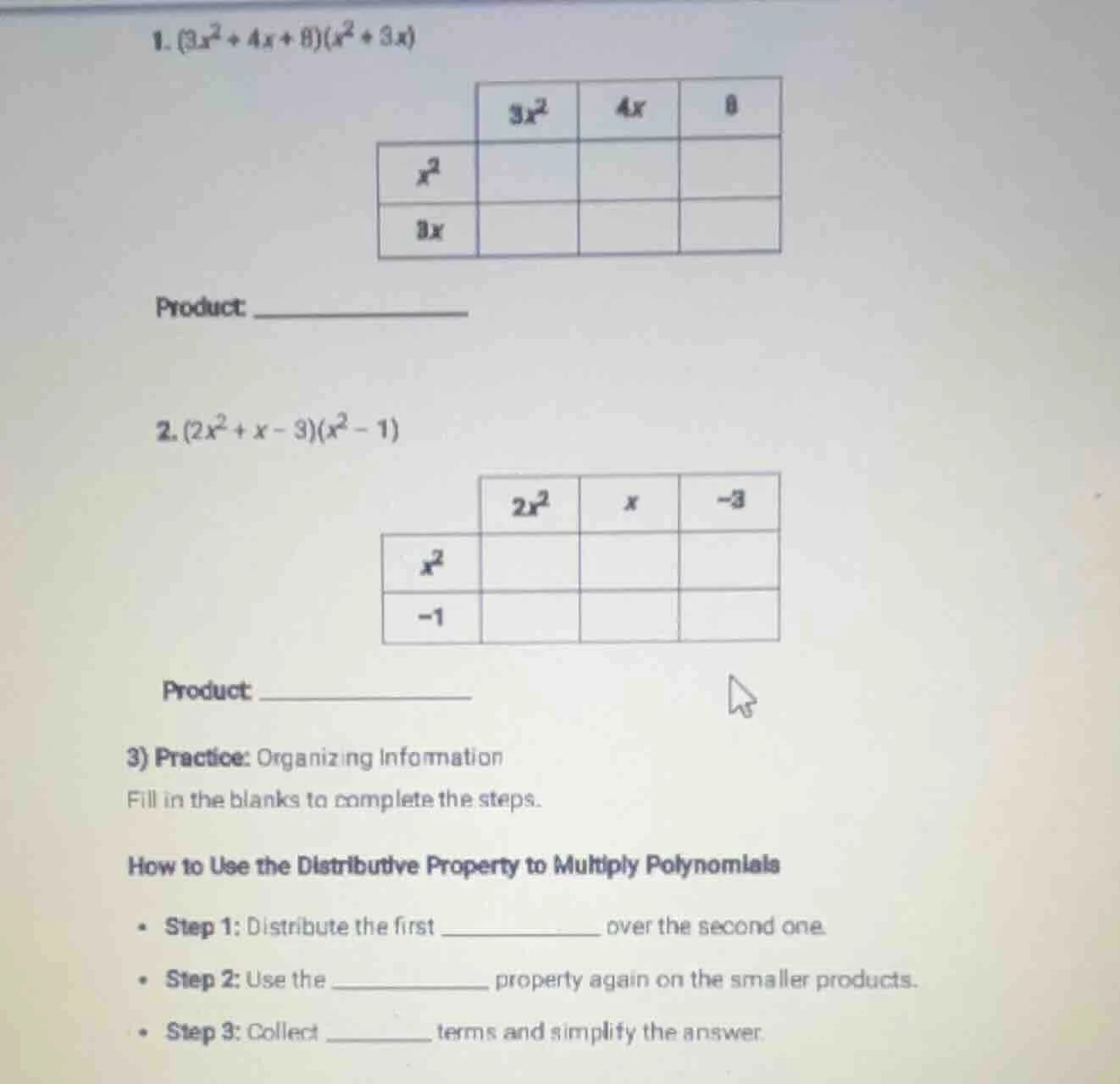1. $(3x^2 + 4x + 8)(x^2 + 3x)$ chart with rows $x^2$, $3x$ and columns …