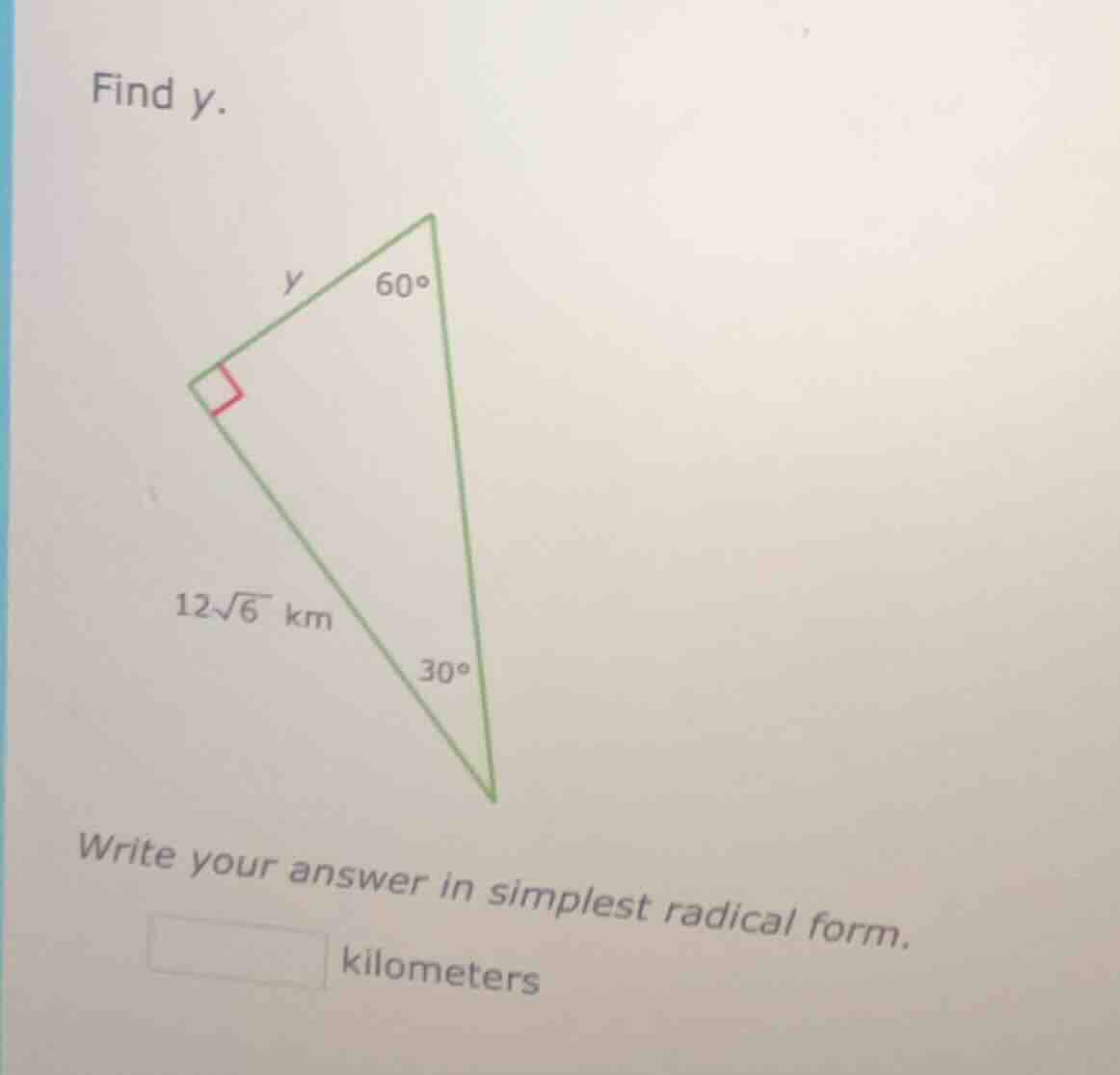 find y. image of a right triangle with a right angle, one angle 60°, on…