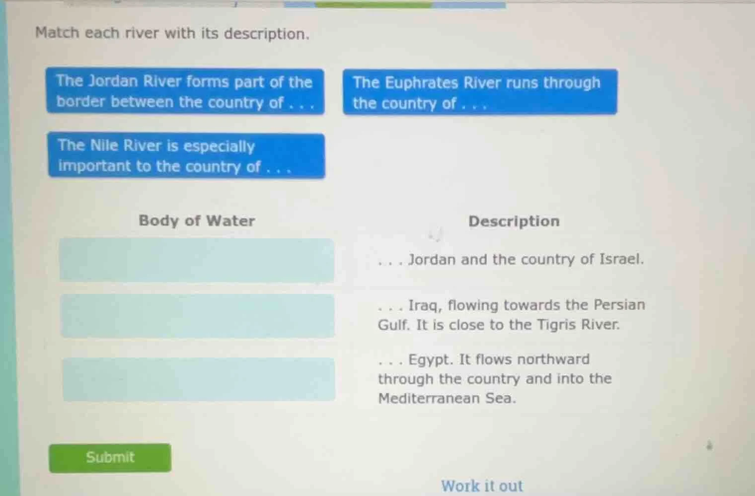 match each river with its description. the jordan river forms part of t…