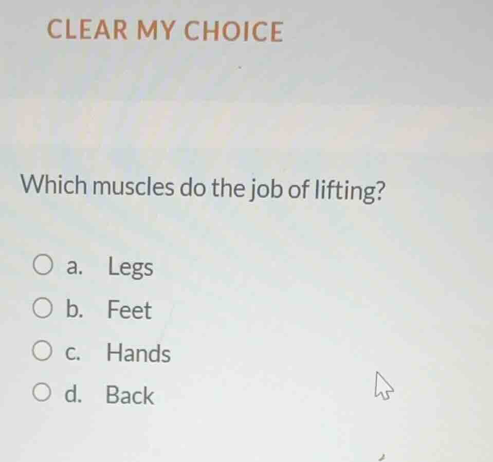 clear my choice which muscles do the job of lifting? a. legs b. feet c.…