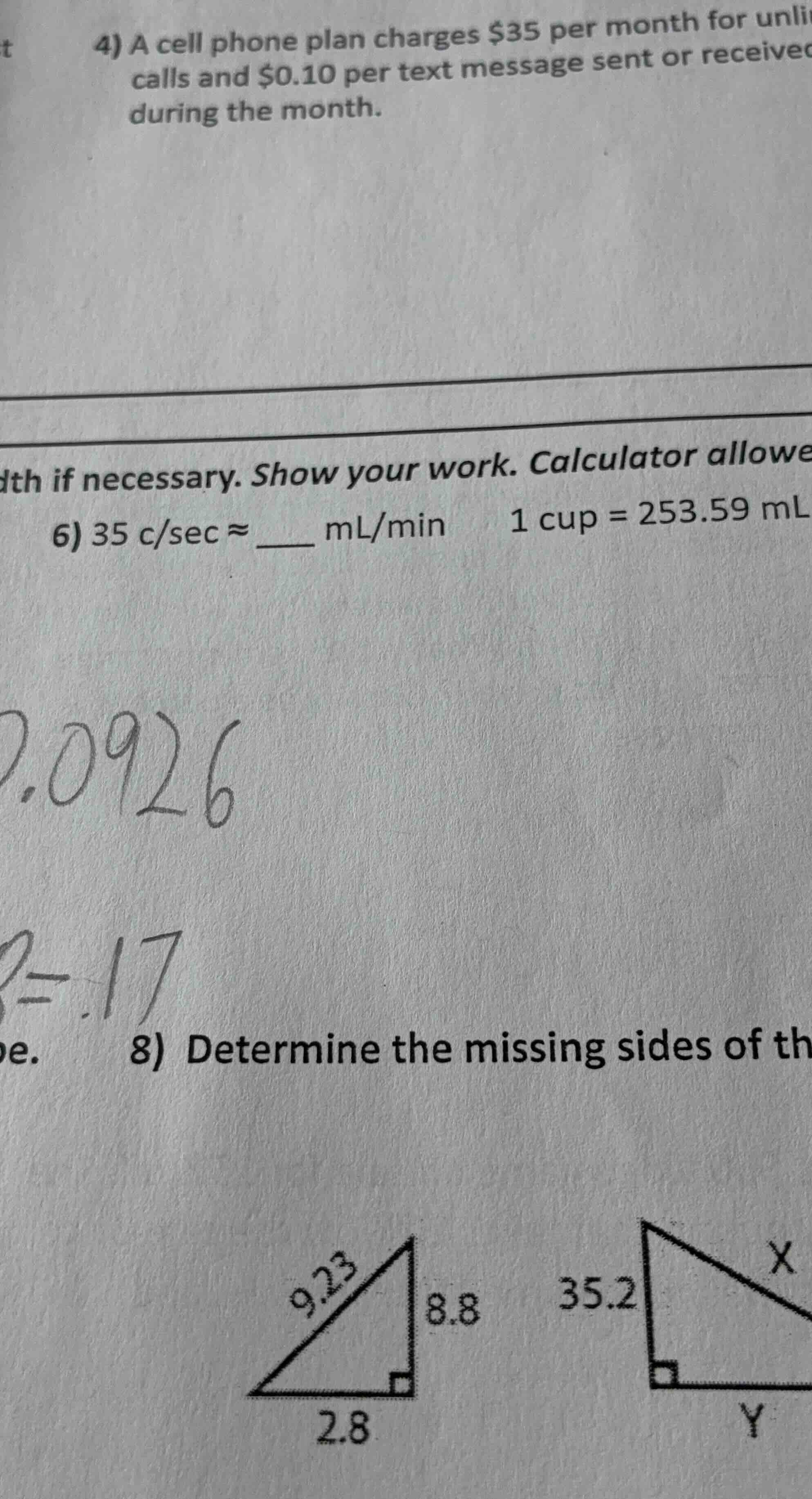 8) determine the missing sides of th 9.23 8.8 35.2 x 2.8 y