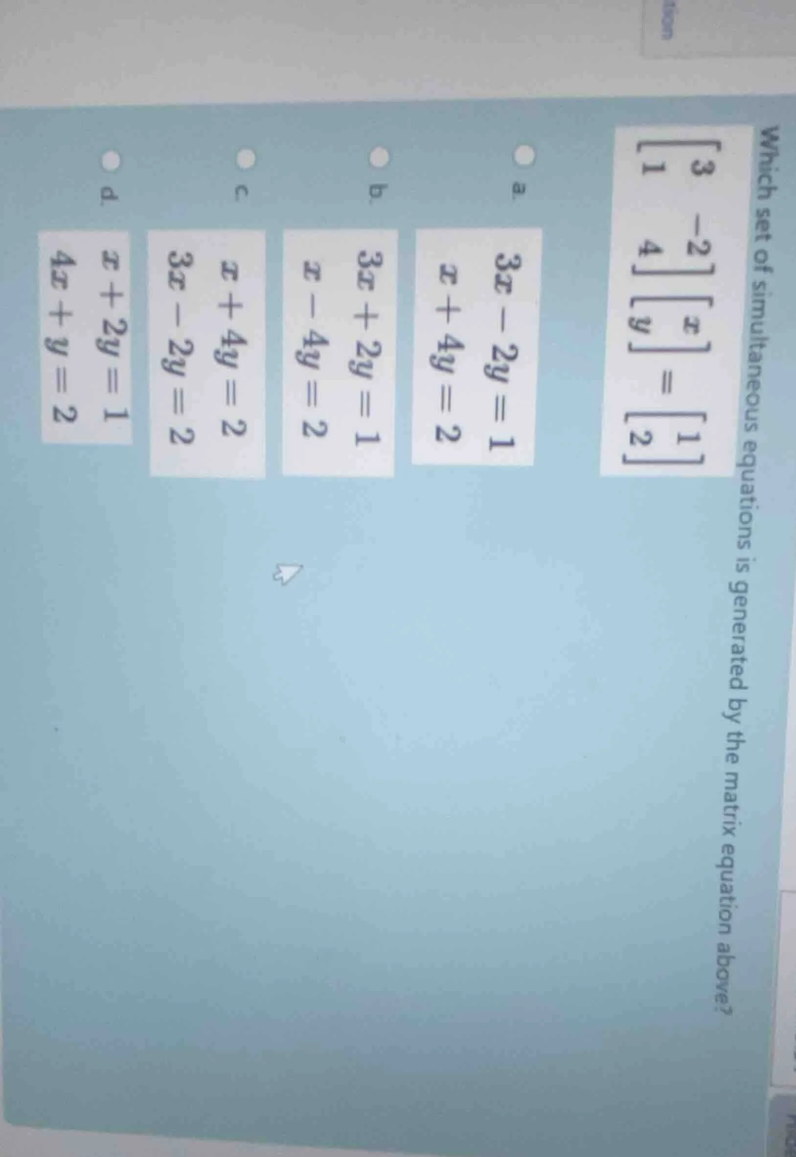 which set of simultaneous equations is generated by the matrix equation…