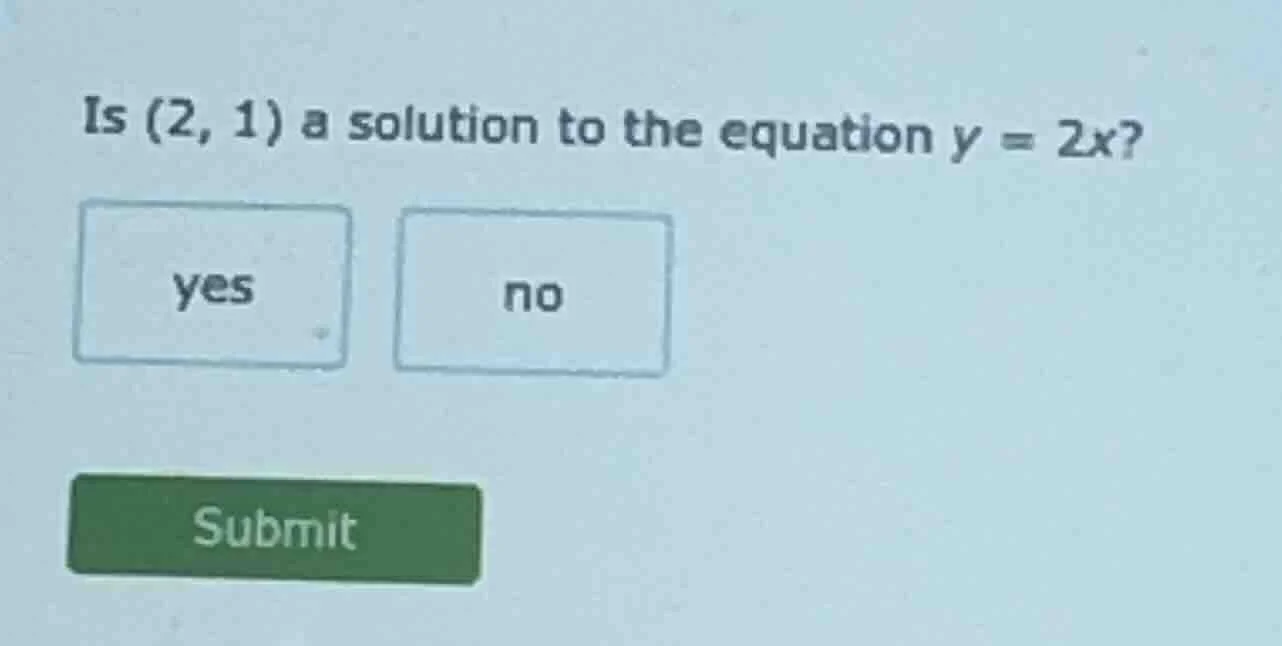 is (2, 1) a solution to the equation $y = 2x$? yes no submit