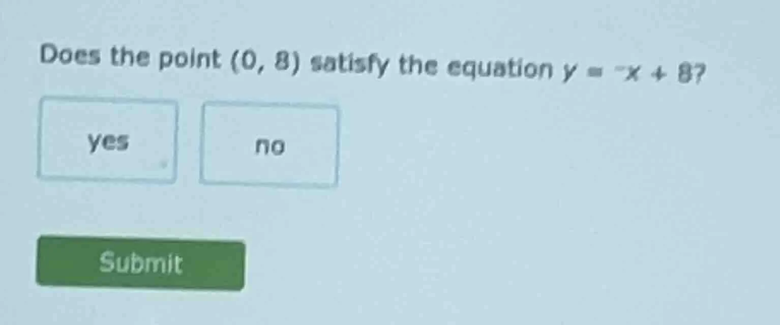 does the point (0, 8) satisfy the equation y = -x + 8? yes no submit