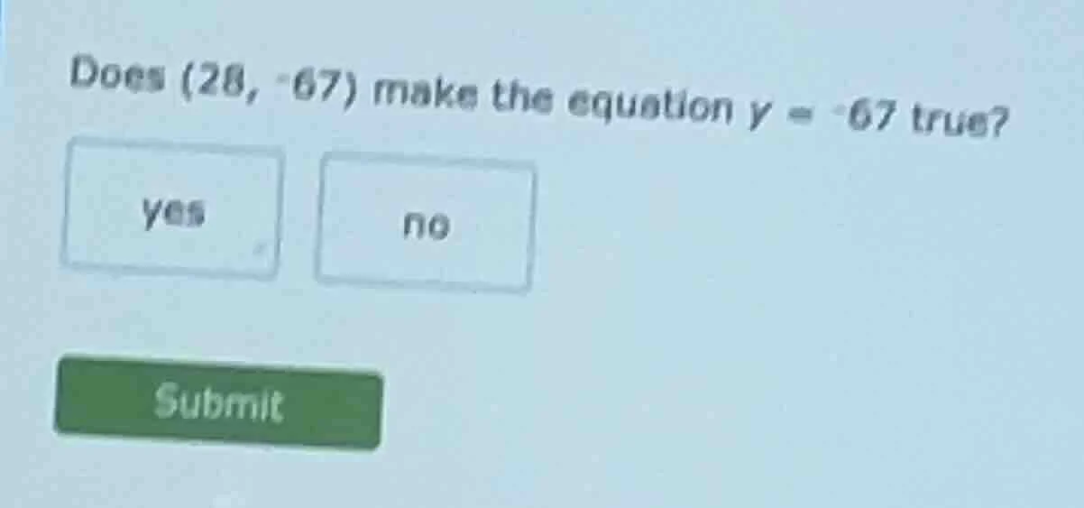 does (28, -67) make the equation y = -67 true? yes no submit