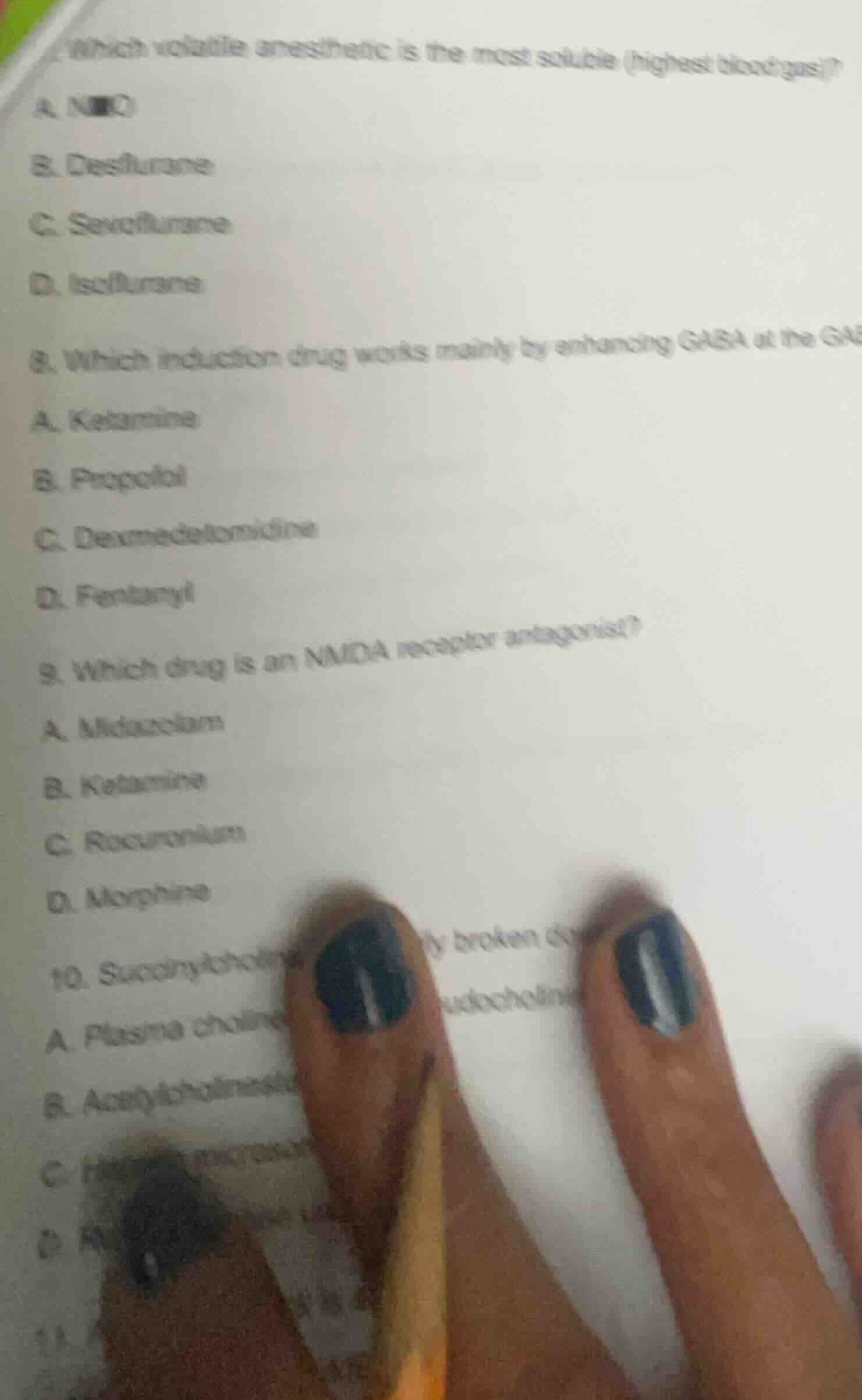 7. which volatile anesthetic is the most soluble (highest blood:gas)? a…