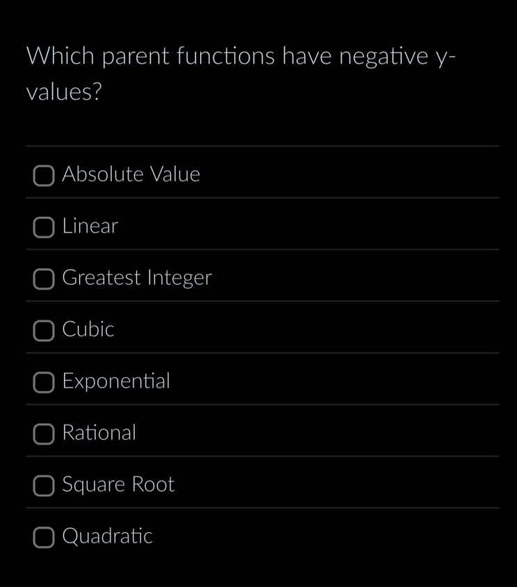 which parent functions have negative y-values? □ absolute value □ linea…