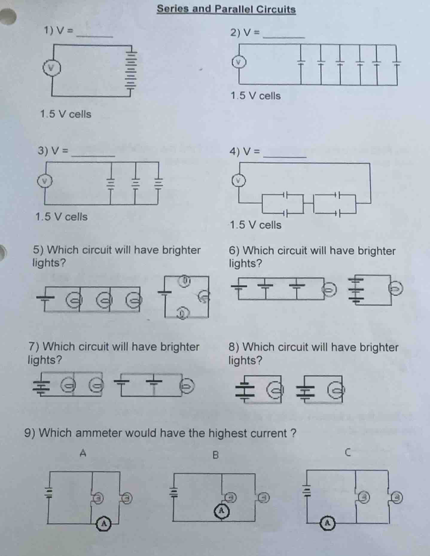 series and parallel circuits 1) v = 1.5 v cells 2) v = 1.5 v cells 3) v…
