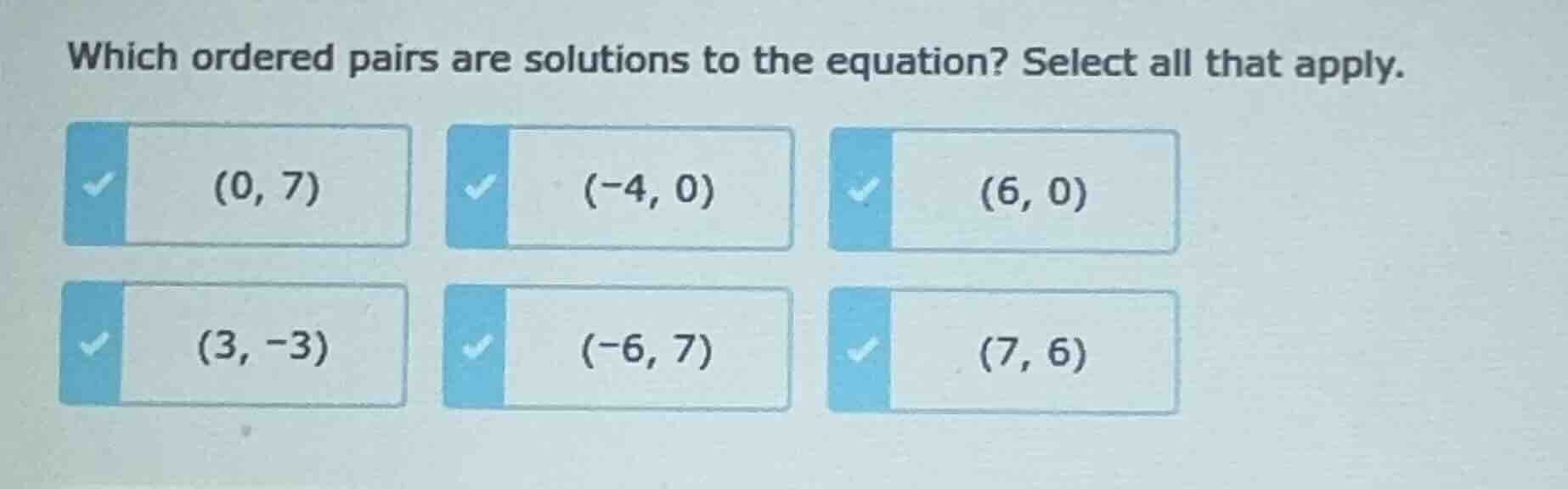 which ordered pairs are solutions to the equation? select all that appl…