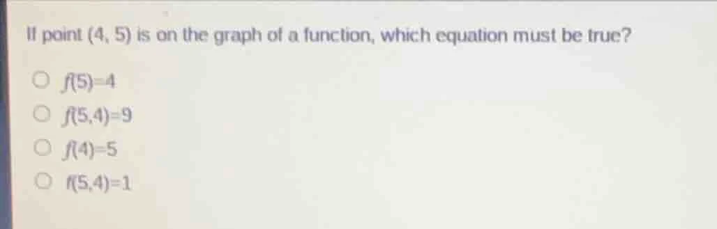 if point (4, 5) is on the graph of a function, which equation must be t…