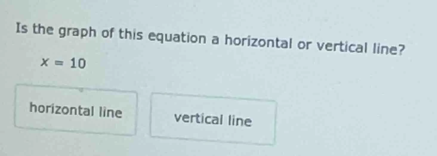 is the graph of this equation a horizontal or vertical line? x = 10 hor…