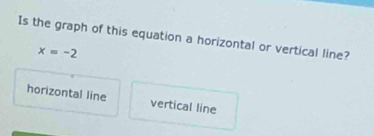 is the graph of this equation a horizontal or vertical line? x = -2 hor…