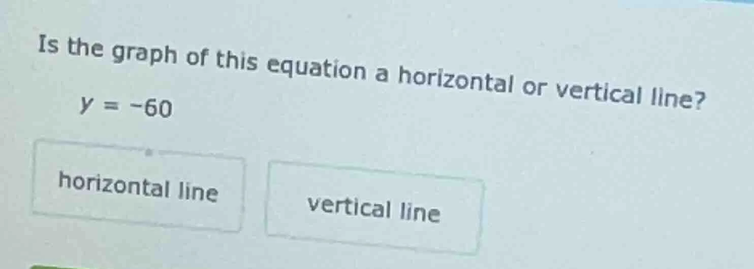is the graph of this equation a horizontal or vertical line? y = -60 ho…