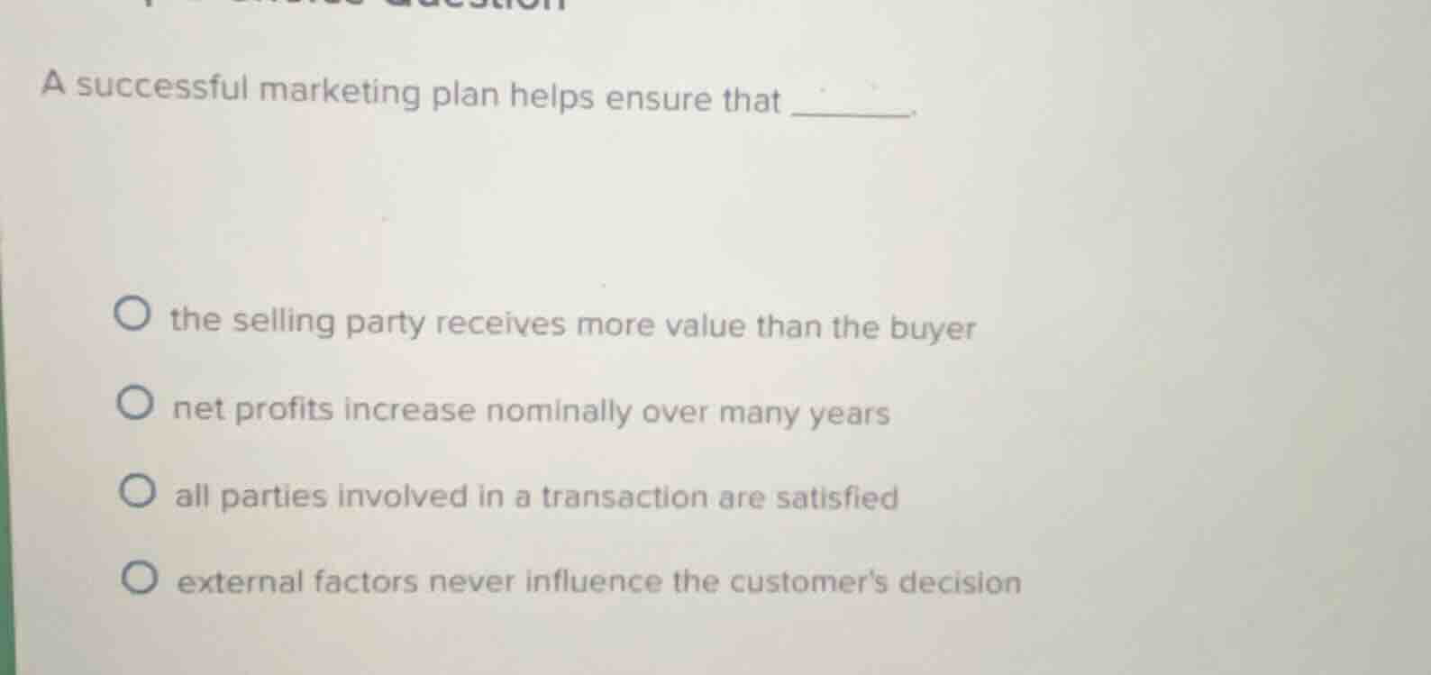 a successful marketing plan helps ensure that ______. ○ the selling par…